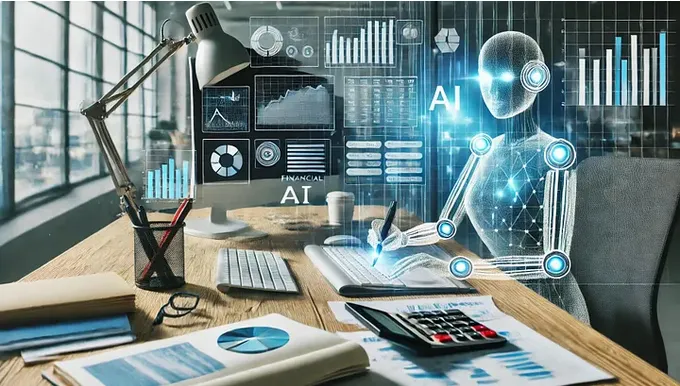 AI robot working alongside financial data and charts